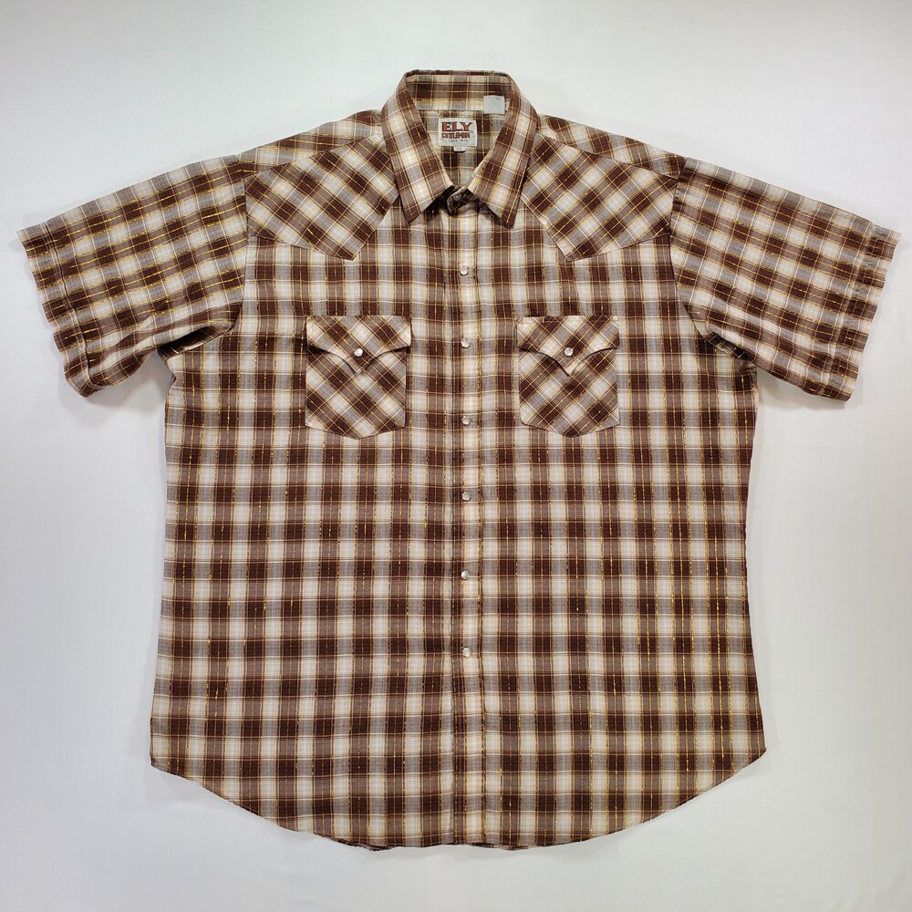 Ely Cattleman Shirt Men XL Brown Plaid Pearl Snap Gold Thread Western Rodeo